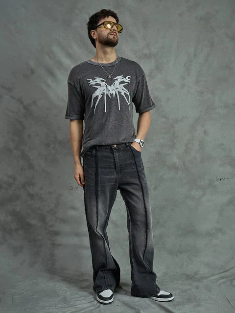 Black Cut And Sew Frayed Denim