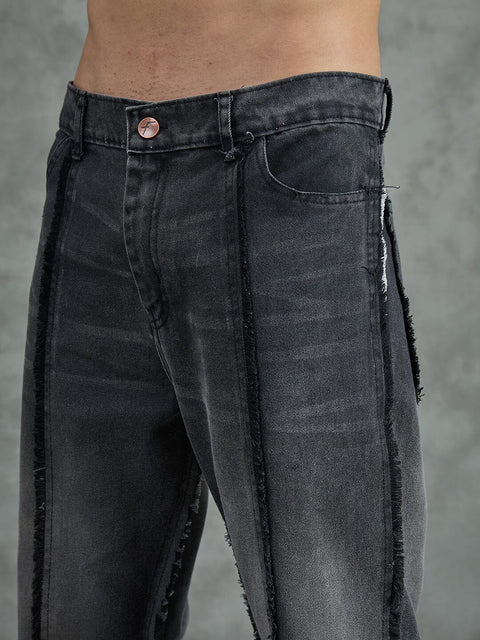 Black Cut And Sew Frayed Denim