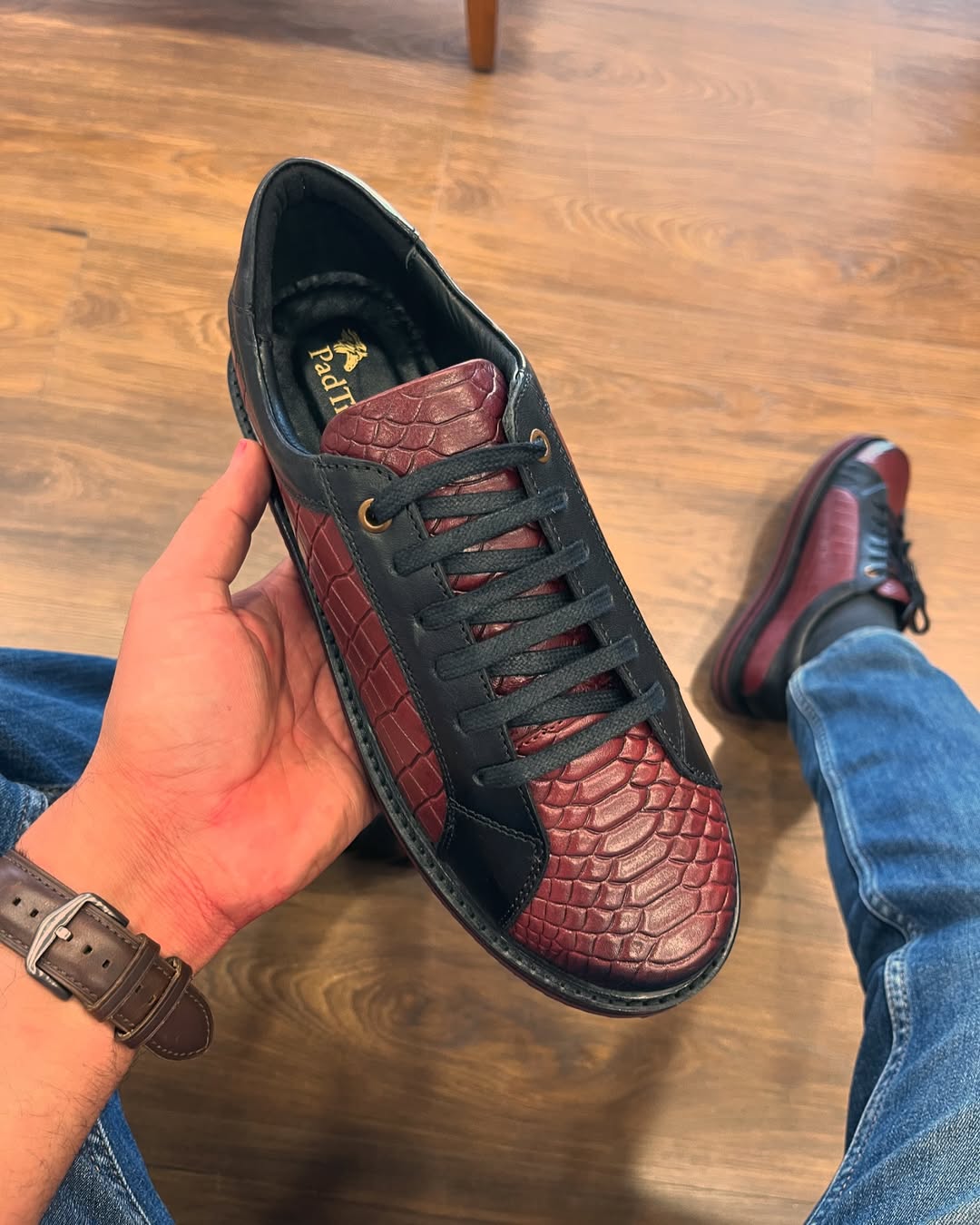 Luxury Croc-Embossed Leather Sneakers – Black & Burgundy