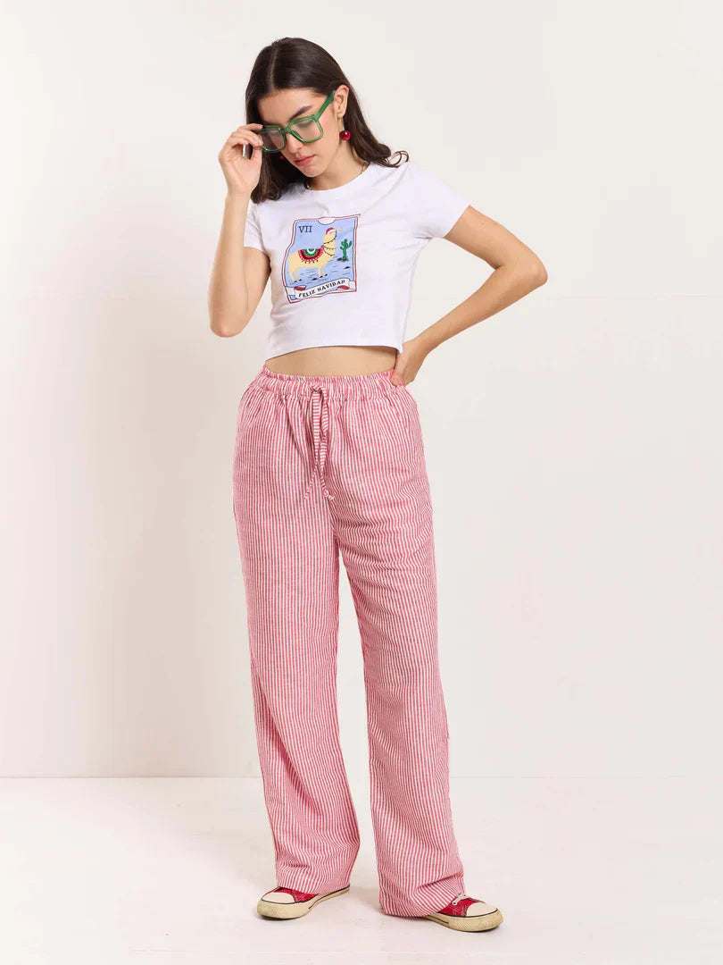 Red Striped Linen Pull-on Pants