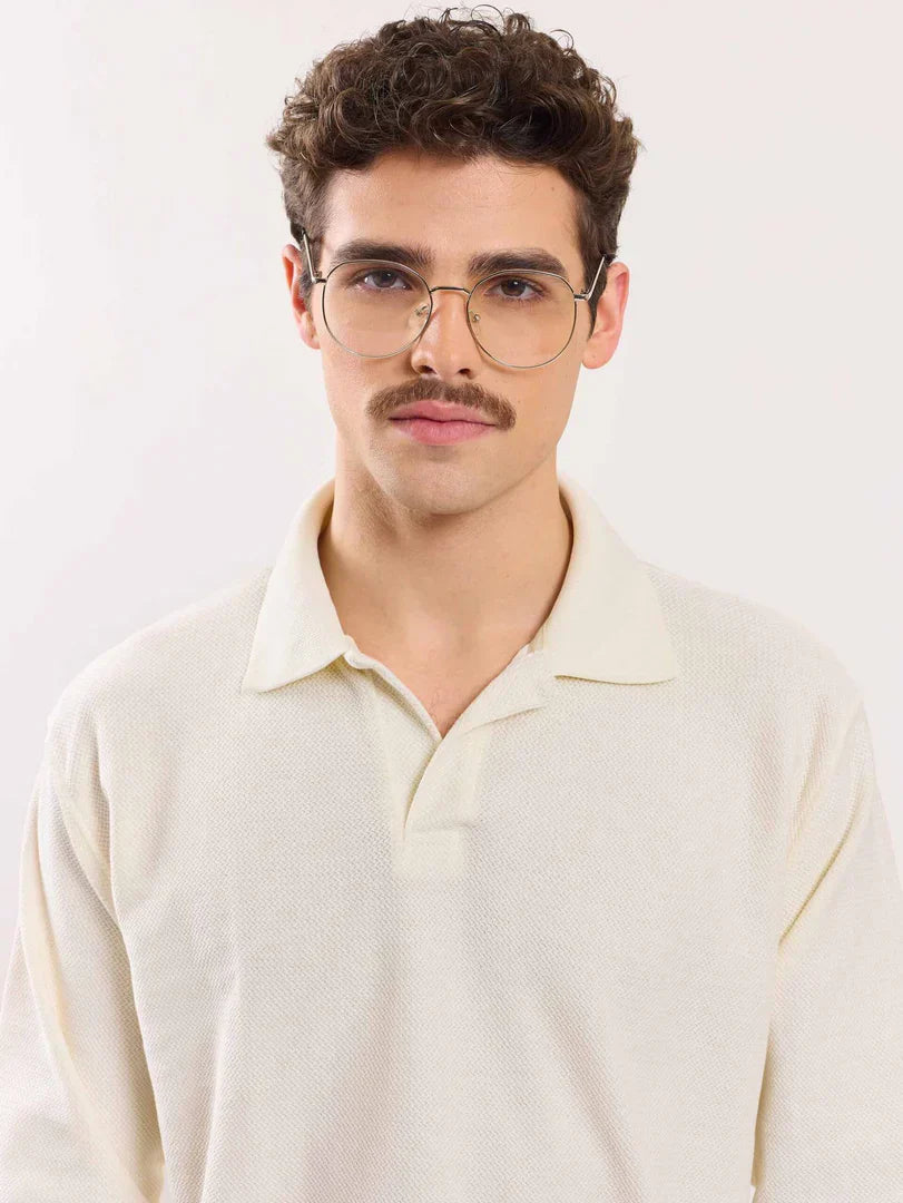 Cream Jacquard Knit Polo T-shirt