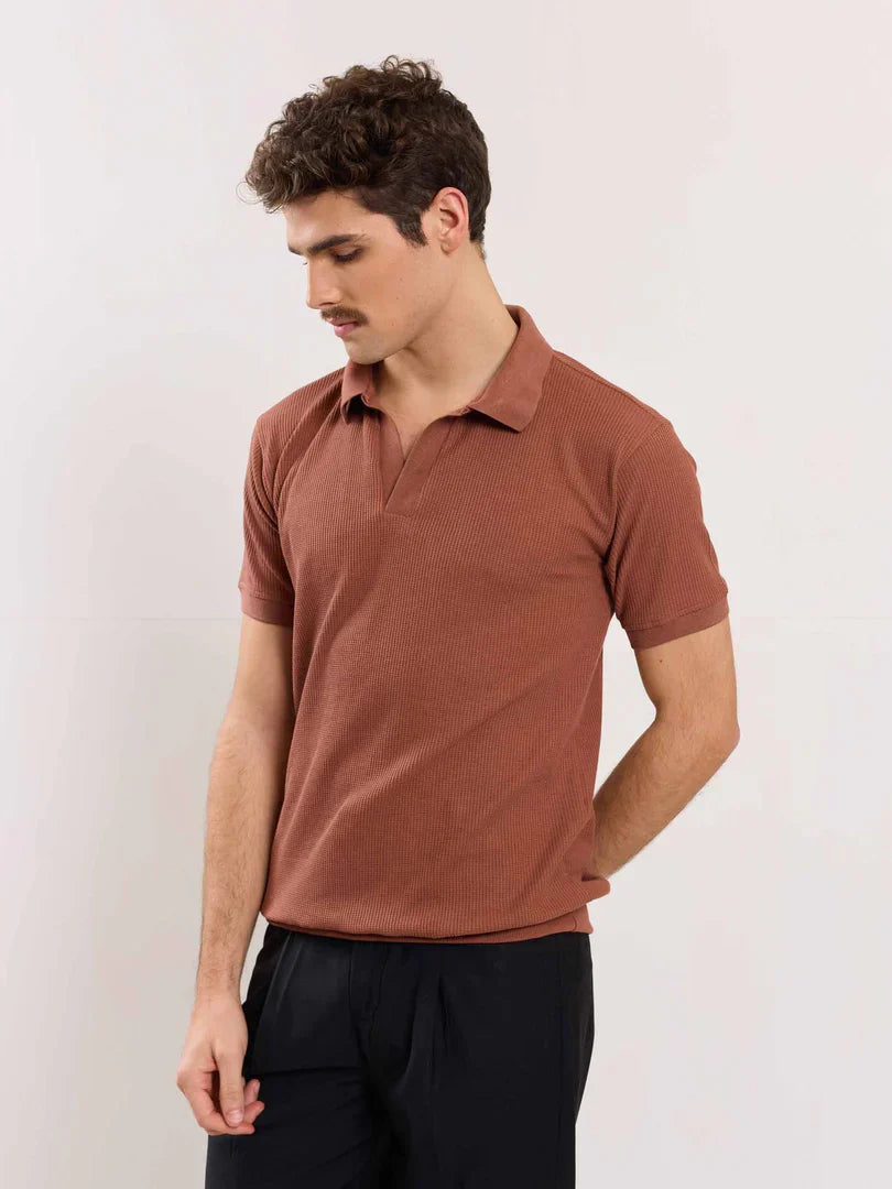 Brown Waffle Knit Polo T-shirt