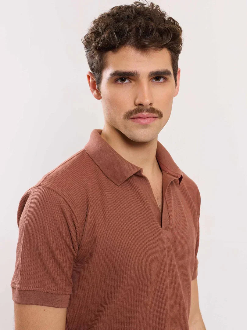 Brown Waffle Knit Polo T-shirt