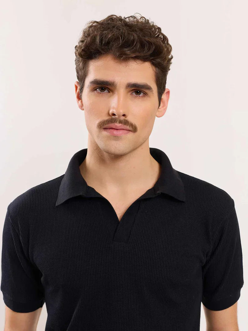 Black Waffle Knit Polo T-shirt