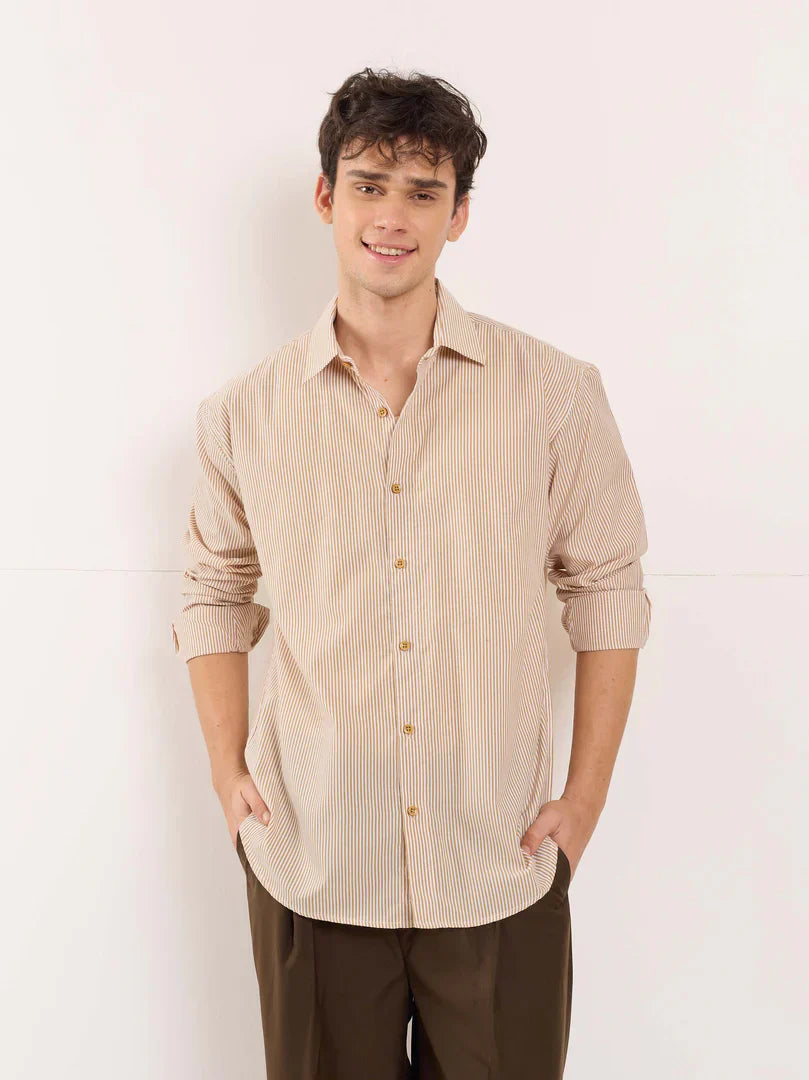 Beige Poplin Striped Shirt
