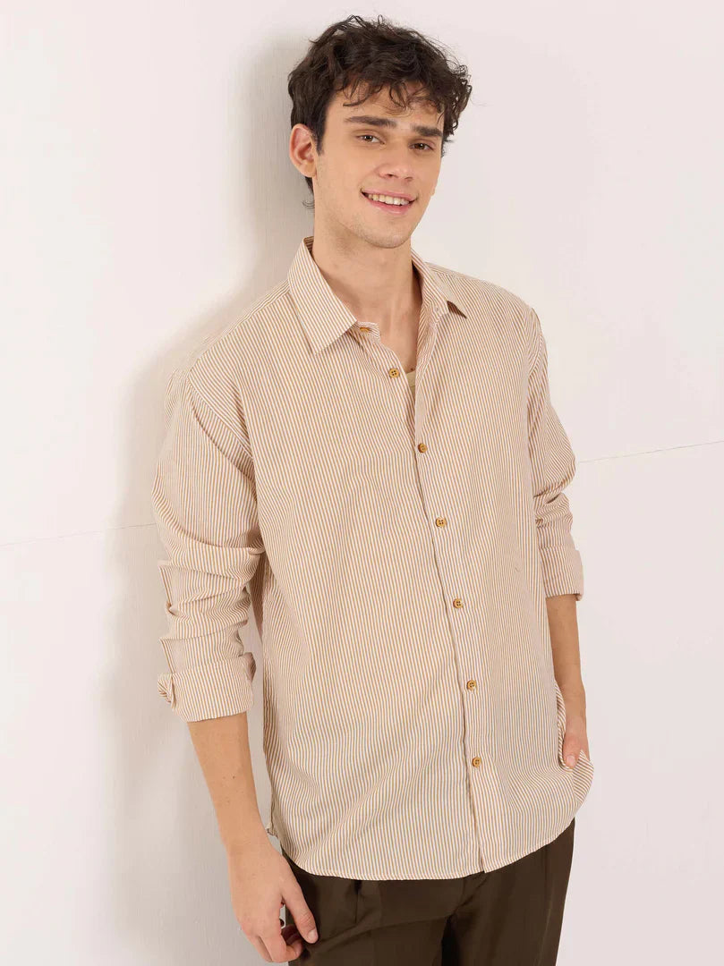 Beige Poplin Striped Shirt